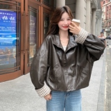 宽松型长袖POLO领极简风翻领皮衣秋季小个子黑色上衣春秋时尚休闲，女装皮衣，浙宝176（原073）