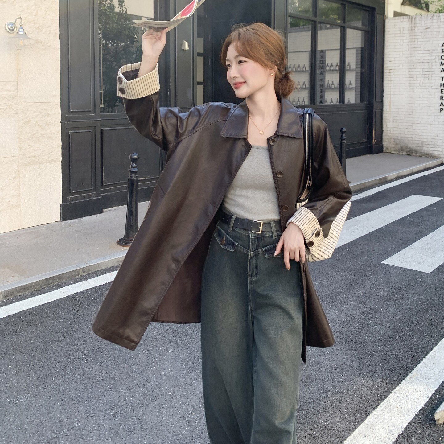 【有现货】【主推款】美式皮衣外套女中长款春秋8921-P175-K258,女装皮衣,浙宝176（原073）