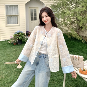 米白色蕾丝刺绣印花轻薄防晒衣女夏季新款显瘦小个子新中式短外套图片
