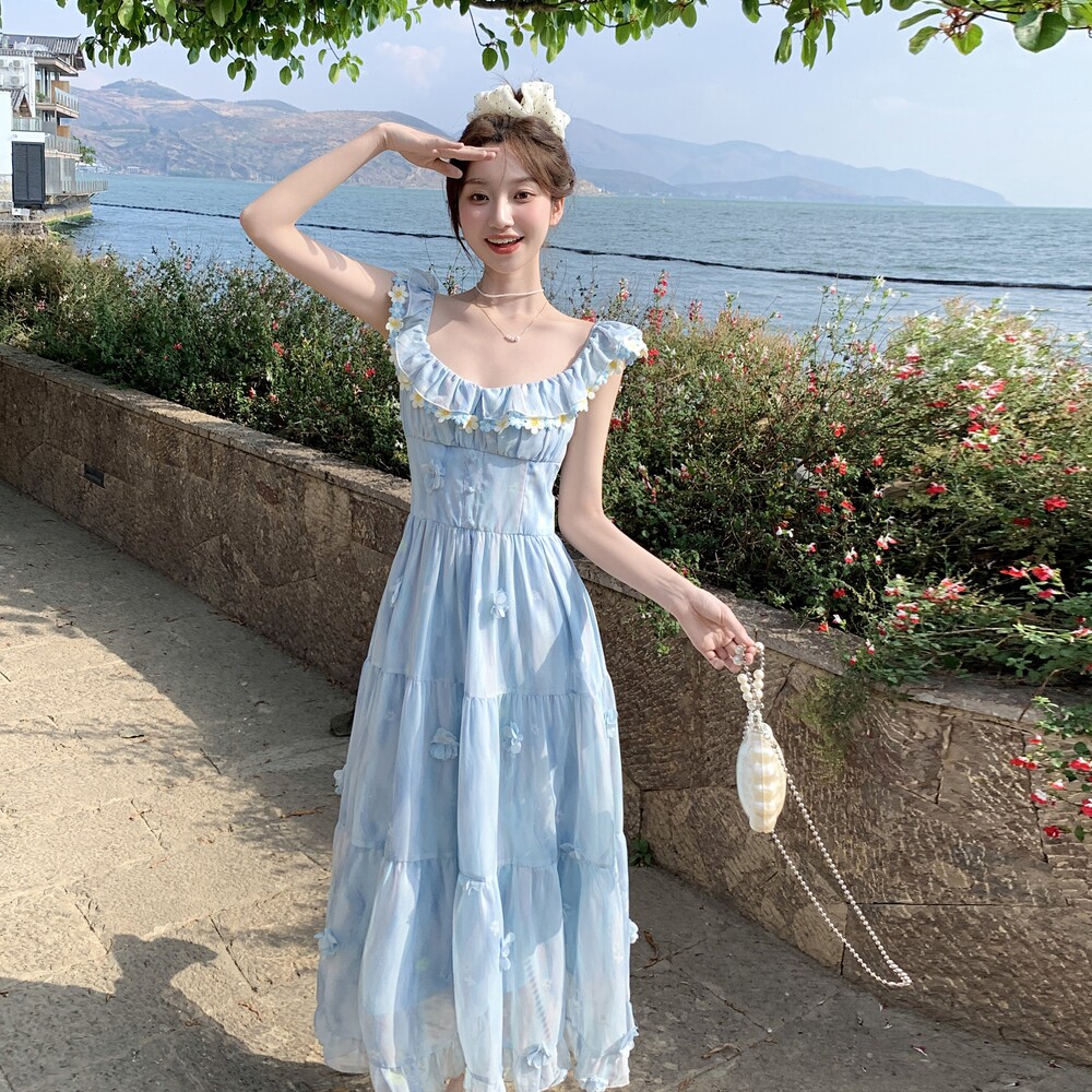 法式蓝色立体花朵独特雪纺连衣裙女2025夏季新款气质方领吊带裙子,女装连衣裙,浙宝176（原073）