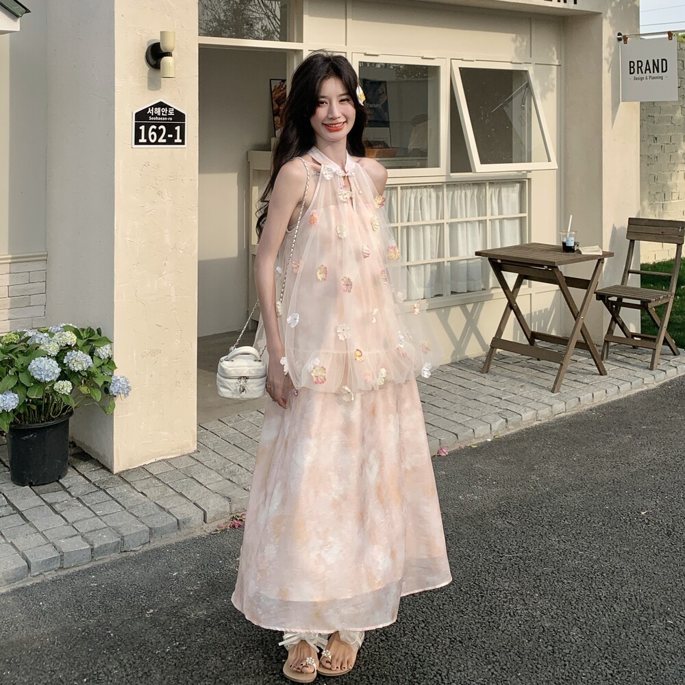 【数据好】【主推款】假两件花朵挂脖露肩连衣裙夏8832-P160-K238,女装连衣裙,浙宝176（原073）