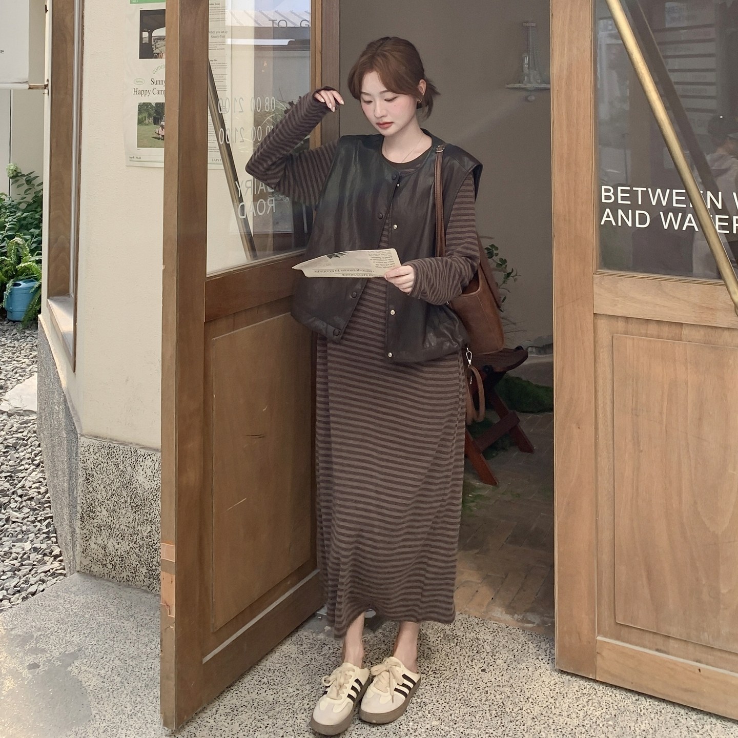 【有现货】【主推款】皮衣马甲+条纹连衣裙两件套8928-P165-K248,女装套装/套裙,浙宝176（原073）