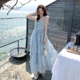 法式蓝色立体花朵独特雪纺连衣裙女2025夏季新款气质方领吊带裙子，女装连衣裙，浙宝176（原073）