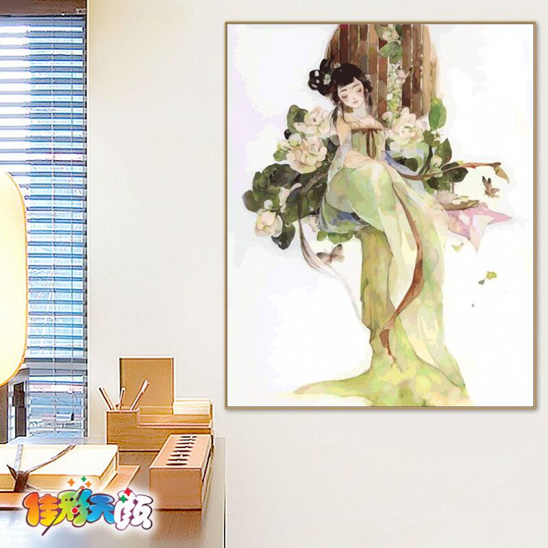 新中式diy数字油彩画美女古风水墨diy装饰画减压手绘diy油画古典
