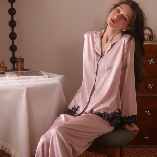 夏何夕性感睡衣女法式 两件套可外穿 风情蕾丝拼接家居服冰丝长袖