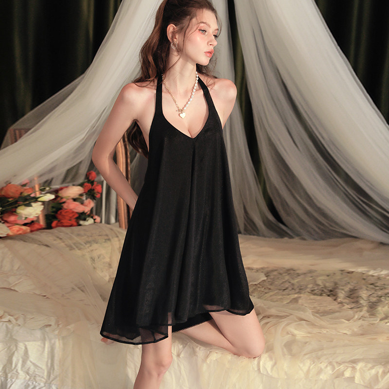 赵露思同款性感挂脖吊带睡裙女夏季黑色薄款高级感休闲无袖蓬蓬裙