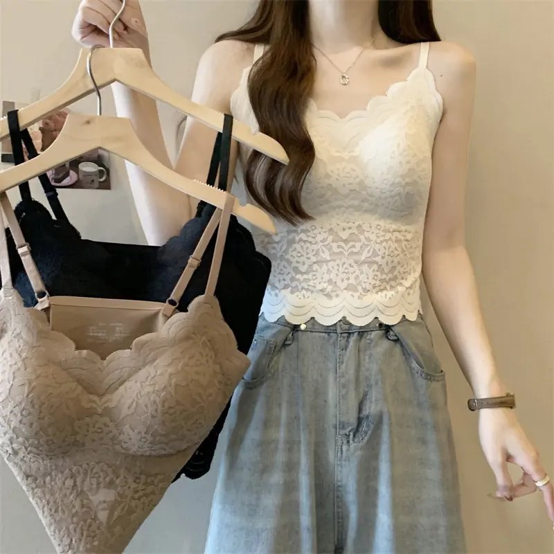 新款蕾丝吊带女内搭带胸垫美背抹胸上衣打底短款背心内衣女性感夏