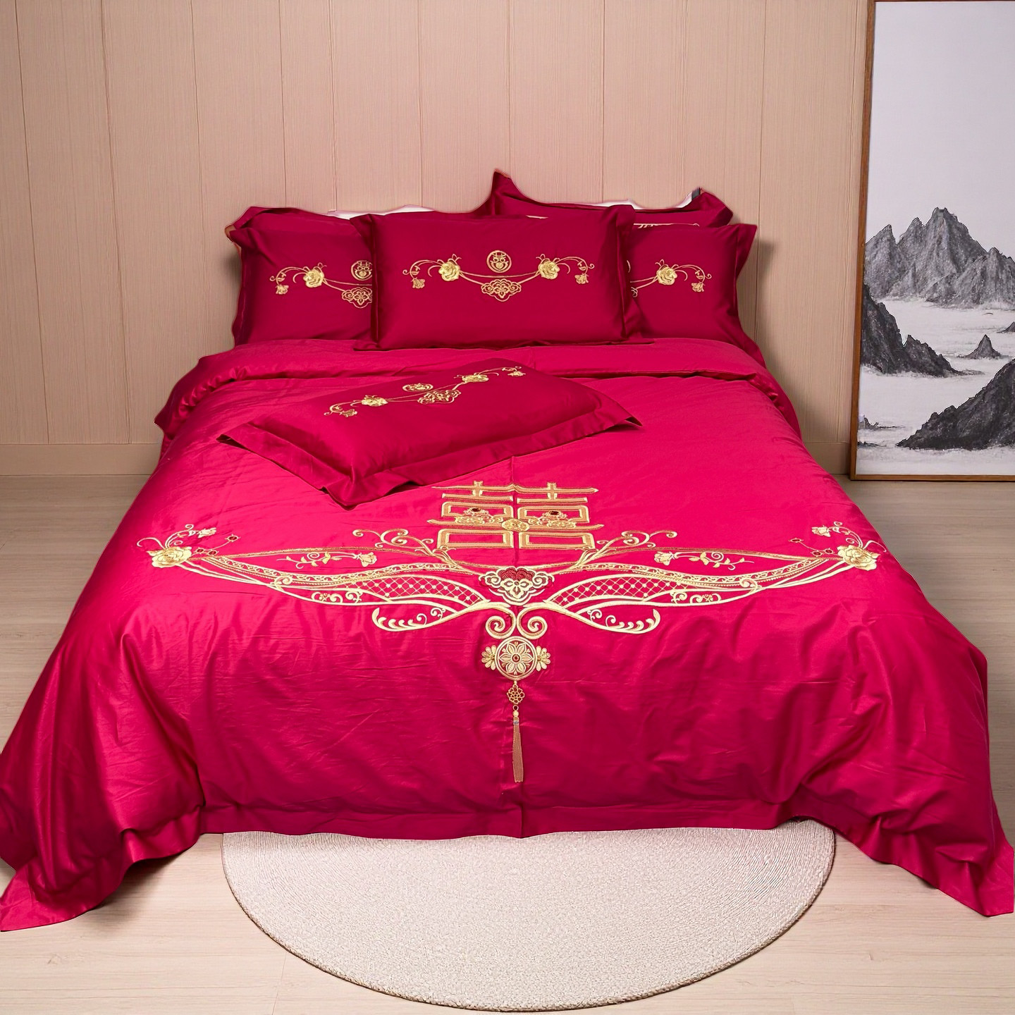 120支新疆长绒棉婚庆四件套中式酒红色纯棉刺绣全棉结婚床上用品4