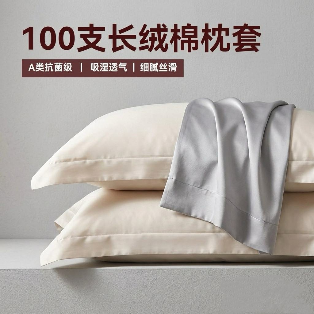 A类100支长绒棉纯色枕头套纯棉枕套单双人高档舒适成人枕套一对装