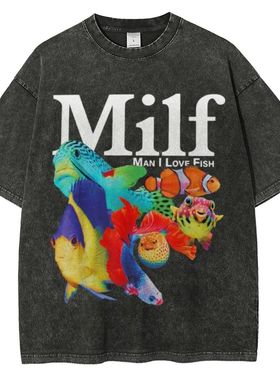 Milf新款卡通Fish印花长袖T恤男女圆领趣味潮流动物图案上衣