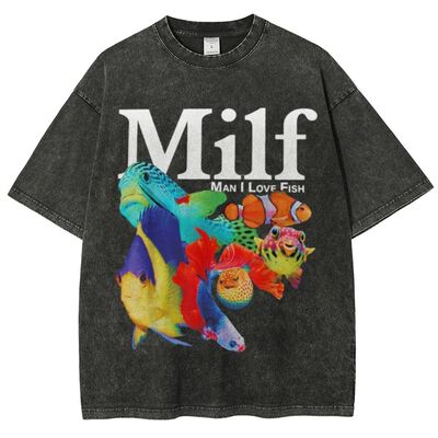Milf新款卡通Fish印花长袖T恤男女圆领趣味潮流动物图案上衣