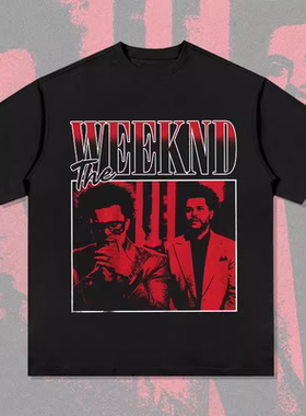the weeknd盆栽印花短袖重磅黑色嘻哈宽松男女t恤水洗做旧vintage