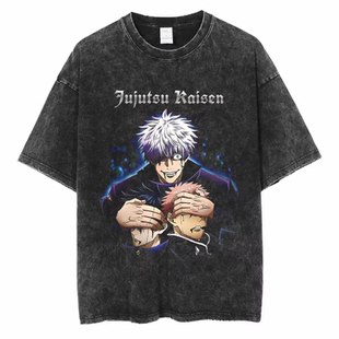 Jujutsu Kaisen Washed T-shirt水洗做旧短袖纯棉t恤男嘻哈复古潮