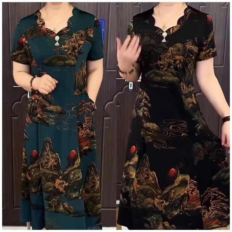 夏季新款时尚显瘦妈妈山水画连衣裙高档弹力大码中老年中长款裙子