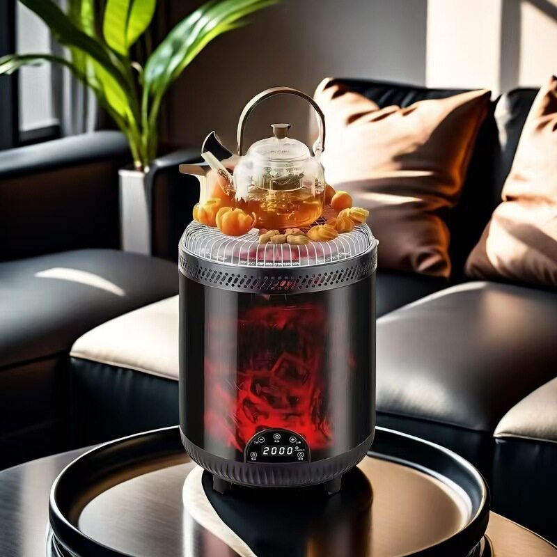 新款家用电暖器学生宿舍取暖器语音防倾倒3d仿真火焰围炉煮茶