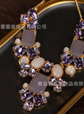 欧美时尚夸张紫色宝石镶钻宫廷风项链轻奢复古锁骨链气质