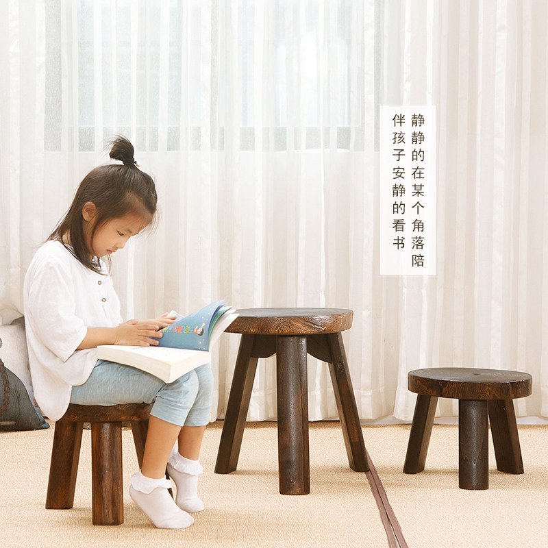 W8实木小凳子阳台小茶凳子圆凳复古矮凳子坐凳家用时尚三脚腿花盆
