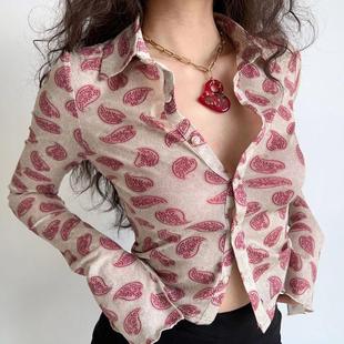 女洋气别致短款 美式 印花衬衫 复古修身 开叉内搭上衣 显瘦POLO领长袖