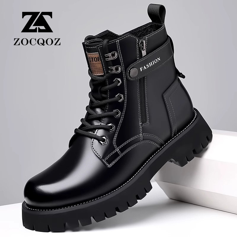 ZOCQOZ马丁靴2025秋冬季新款真皮羊毛棉靴高帮硬汉派保暖增高男靴