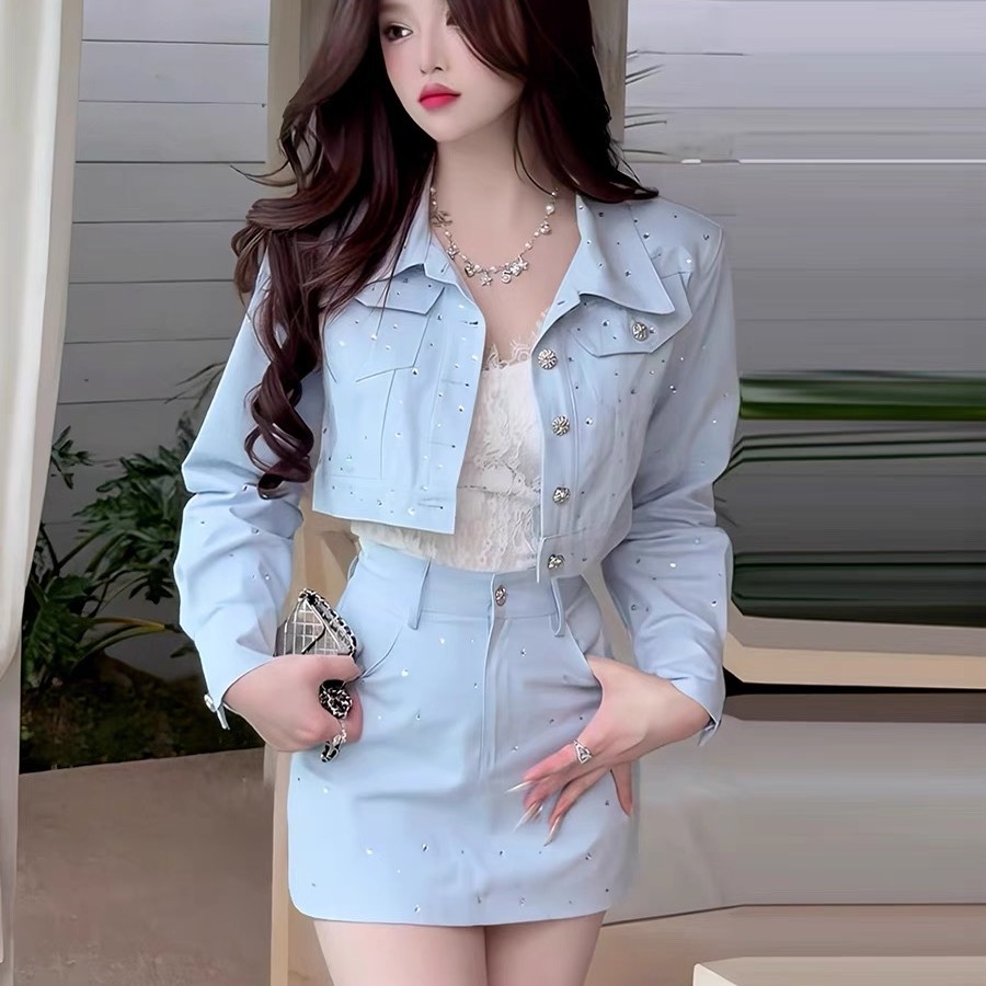 2025早春新款复古烫钻气质重工外套高腰+A字短裙千金感辣妹套装女
