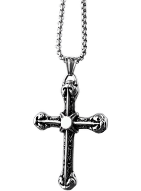 男士雕花马蹄形十字架钛钢吊坠