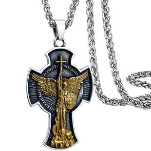 欧美风大天使圣米迦勒十字架盾牌项链男个性钛钢复古吊坠嘻哈朋克