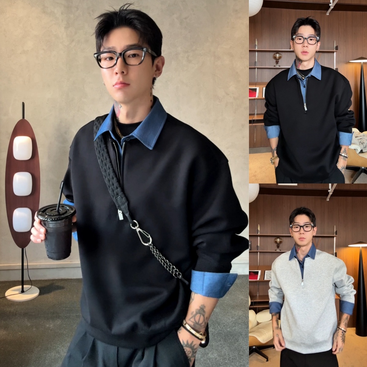 OXXRAAK「衬衫式內襟」韩版重磅假两件半拉链卫衣男秋冬翻领长袖