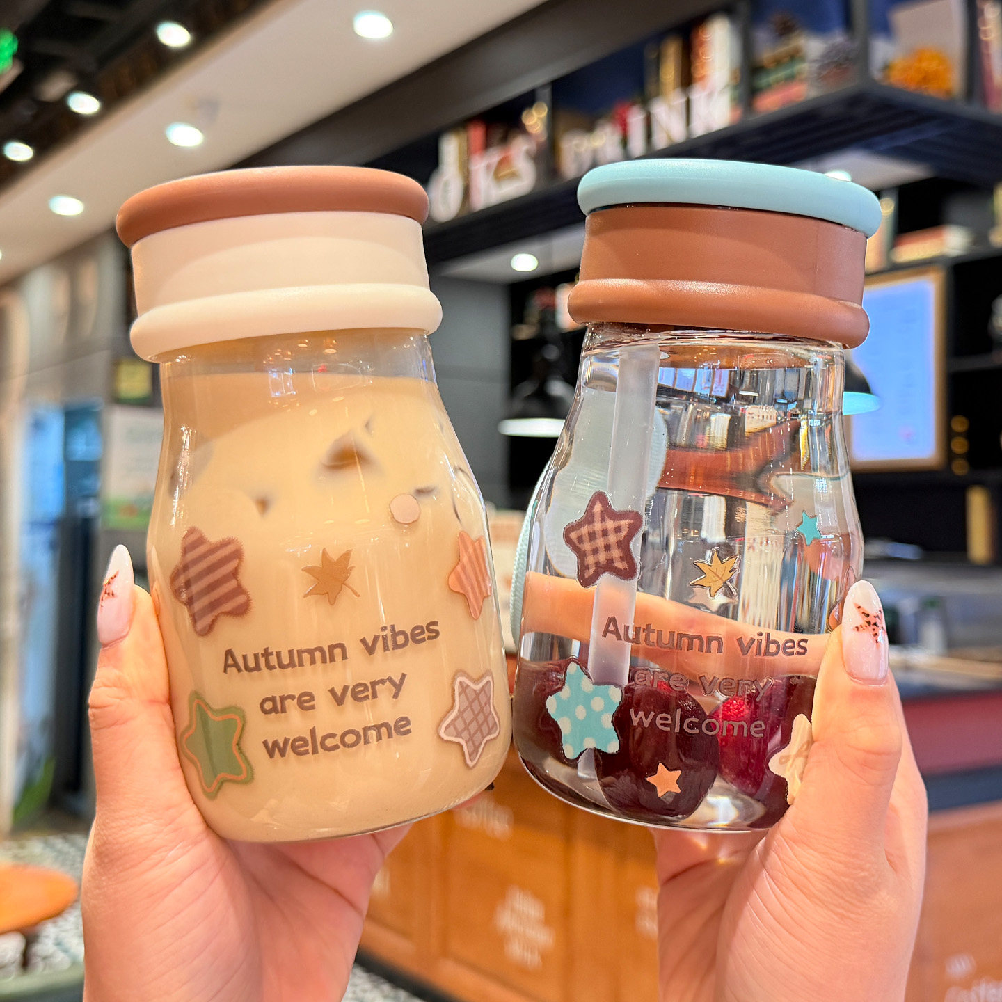 玻璃杯星星水杯女生高颜值ins风双饮吸管杯办公室耐热便携咖啡杯
