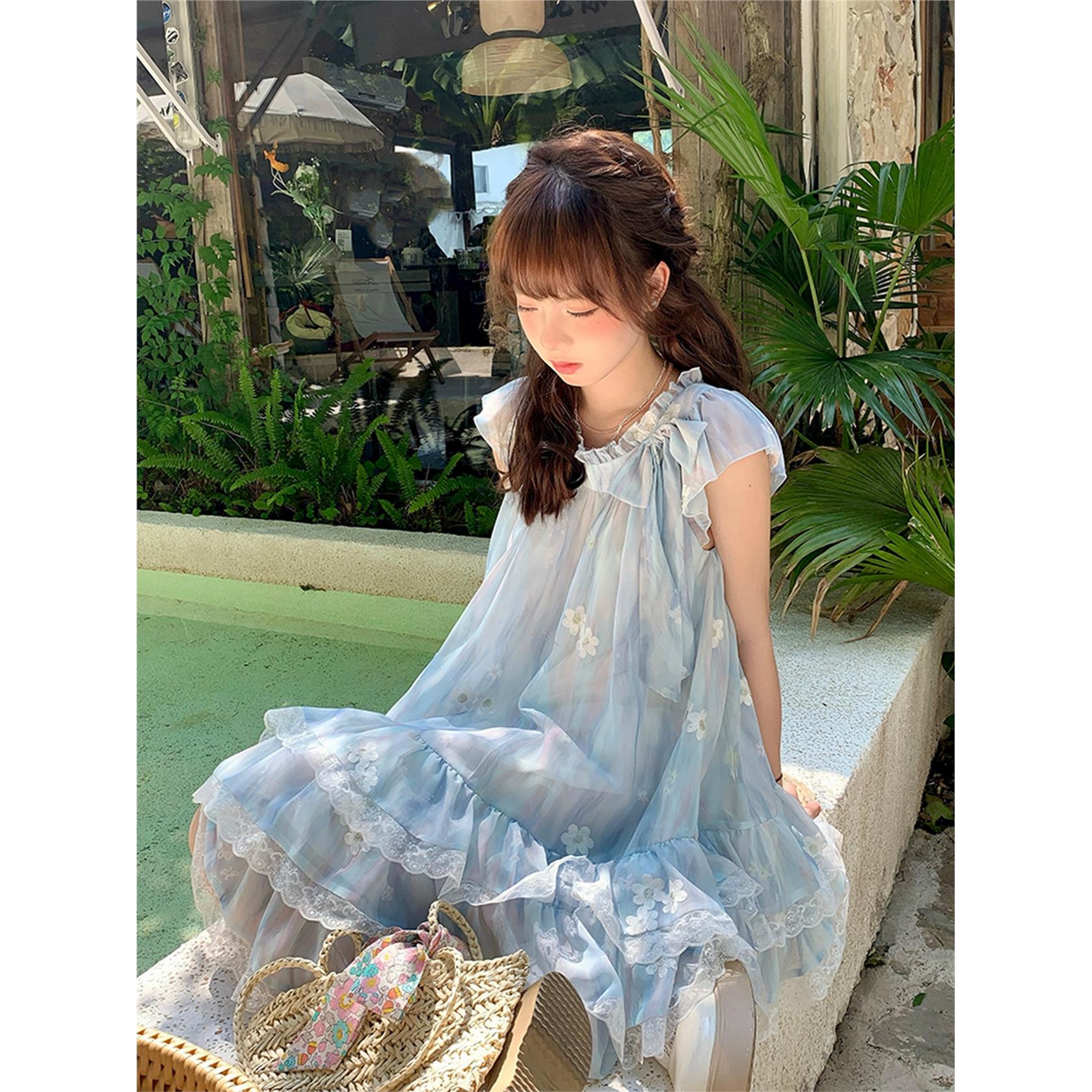 法式小飞袖碎花薄纱连衣