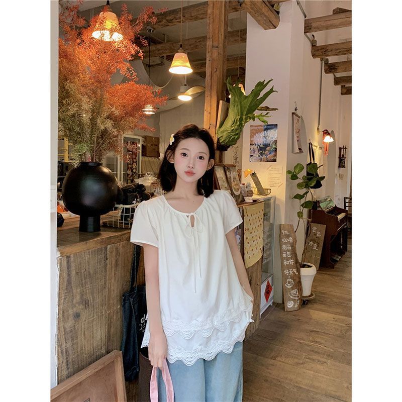 白色V领系带短袖t恤女减