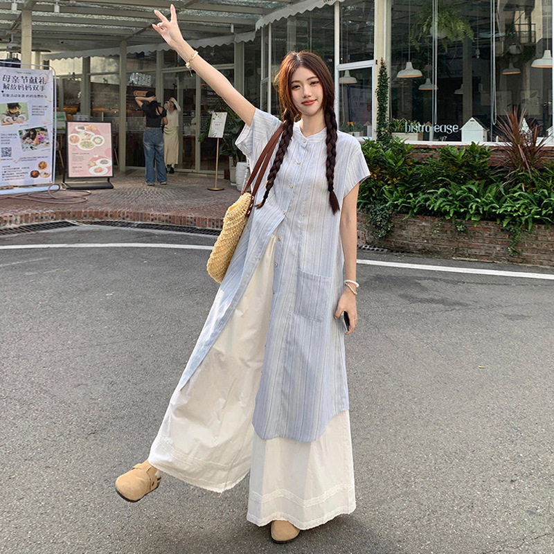 韩系条纹甜美叠穿套装女