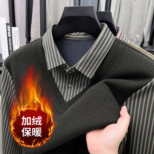 假两件衬衫领毛衣男款冬季加绒加厚中年男士保暖针织打底衫上衣服
