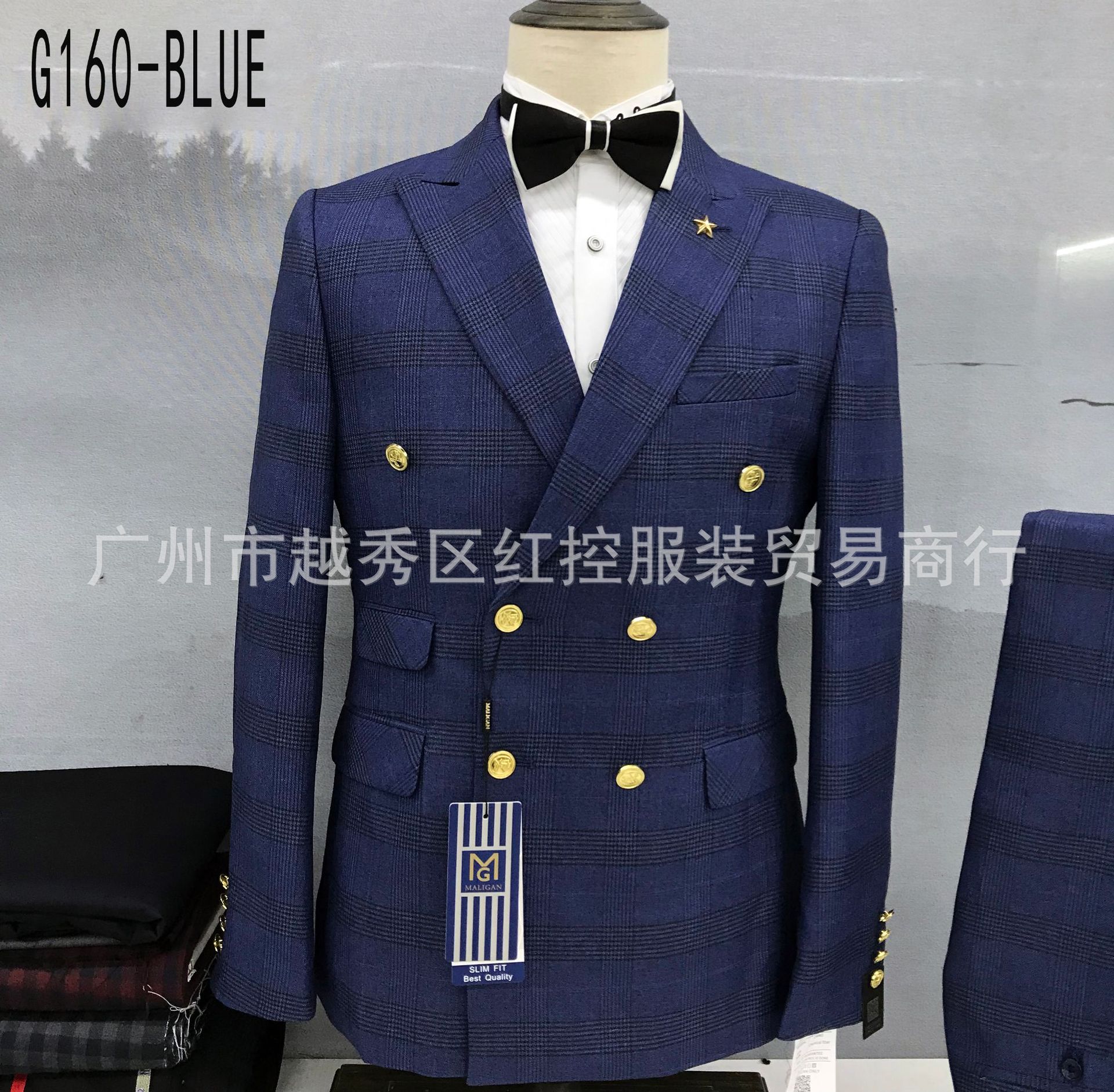 时尚绅士英伦风格子双排扣两件套男士西服新郎西装职业装G160红控