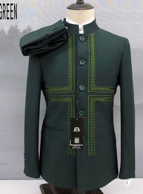 新中式复古潮流立领刺绣中山装西服两件套商务休闲西装L2023红控
