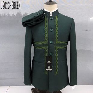 L2023红控 西服两件套商务休闲西装 新中式 复古潮流立领刺绣中山装