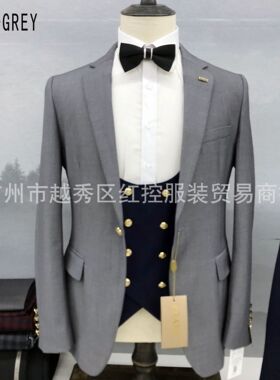 时尚人字纹结婚套装修身三件套西装婚礼男士工作休闲服QY01红控