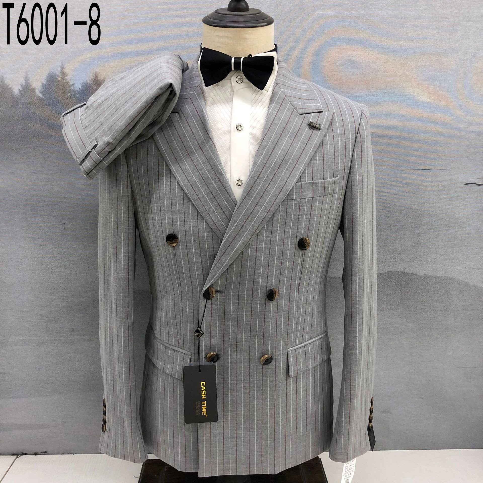 时尚商务男士西装修身两件套装婚礼新郎条纹西服双排扣T6001红控