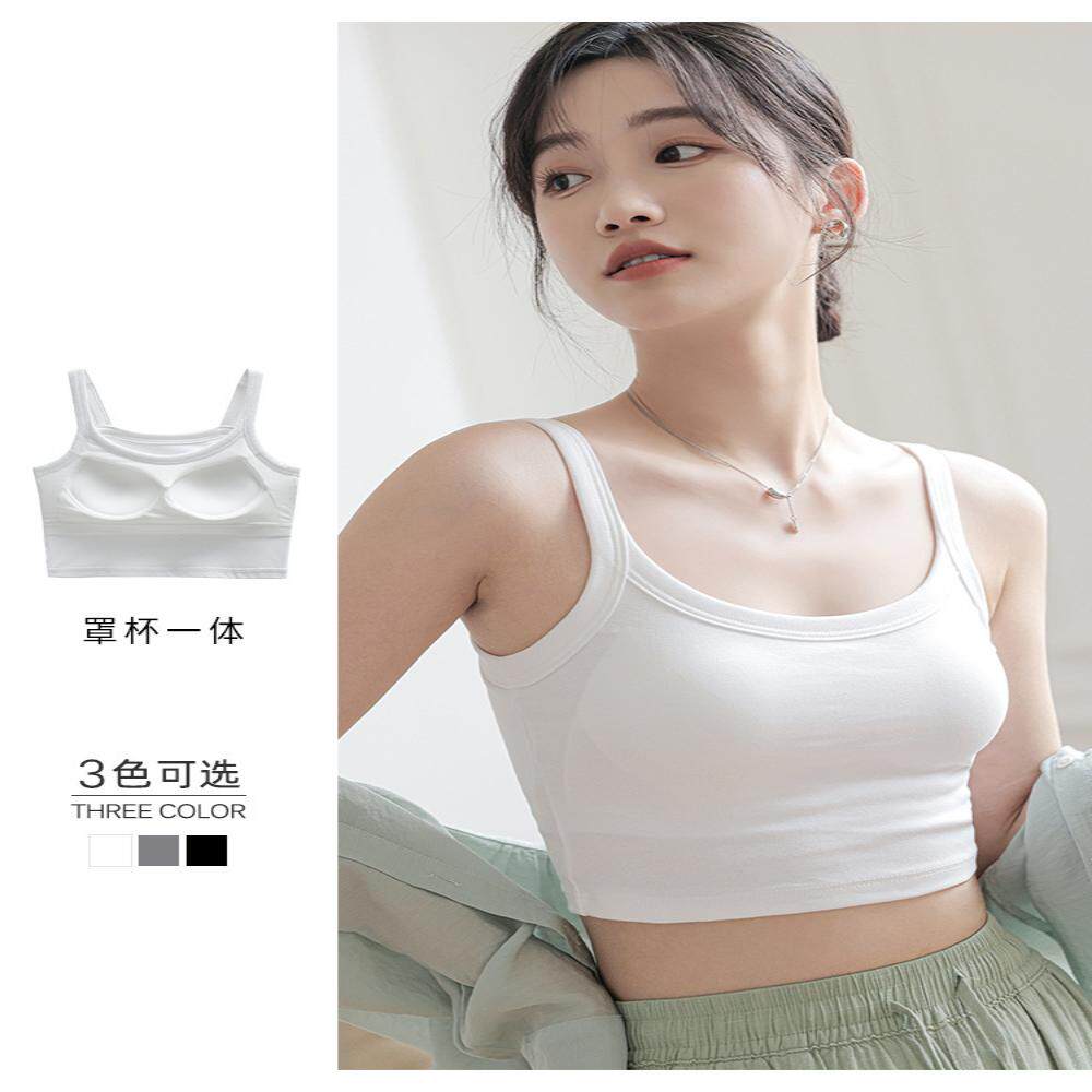 日系一体式纯棉吊带背心女带胸垫打底外穿运动美背纯色固定杯裹胸