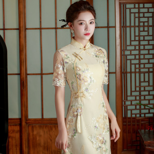 2023夏新款蕾丝短款少女旗袍气质修身收腰日常A版旗袍改良连衣裙