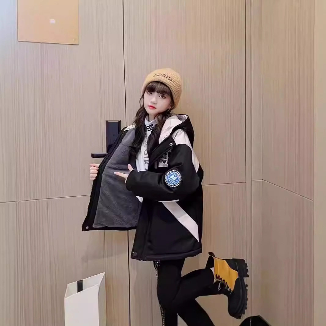 女童外套加绒秋冬装棉衣儿童新款加厚保暖派克服中大童连帽棉服