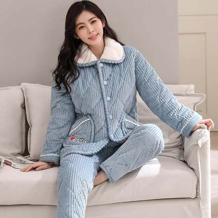 2024年秋冬季新款珊瑚绒睡衣女加绒加厚三层夹棉保暖法兰绒家居服