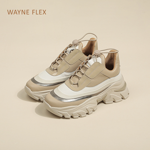 韦恩秋冬新款鹿皮老爹鞋拼色潮流厚底舒适休闲百搭