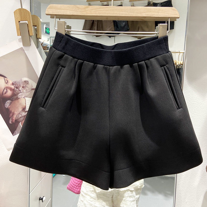 欧货松紧腰黑色短裤女2025秋冬新款韩版阔腿裤高腰A字外穿靴裤子