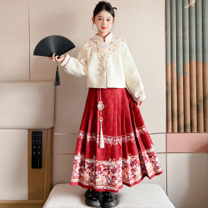 女童马面裙套装秋冬款2023新款儿童冬装唐装拜年服女大童夹棉汉服