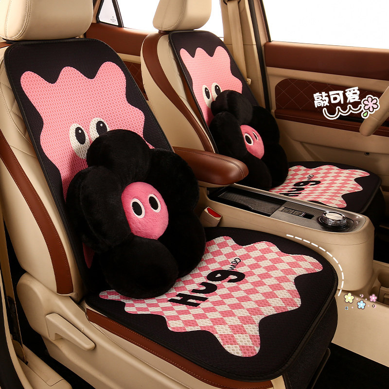 新款卡通汽车坐垫透气网红四季通用大眼睛粉色3D女生专用车座椅套