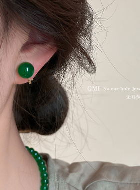 绿色玛瑙耳夹无耳洞女新中式国风轻奢小众高级感耳环新款复古耳饰