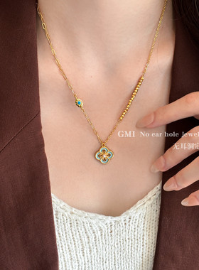 新中式珐琅金色四叶草项链
