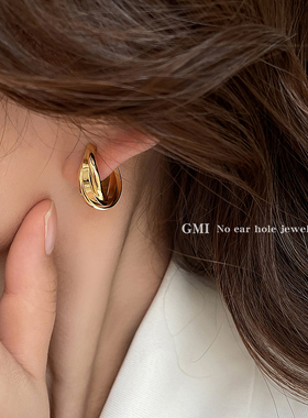 GMI无耳洞金色交叉金属耳夹女欧美轻奢耳饰小众高级感蚊香盘耳环