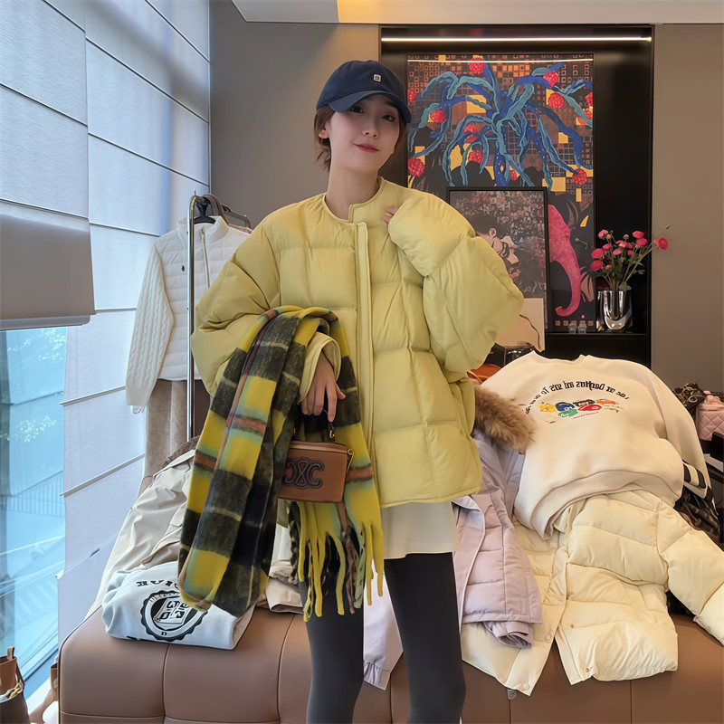 韩系黄色圆领宽松面包服外套女冬季时尚加厚保暖棉服棉衣