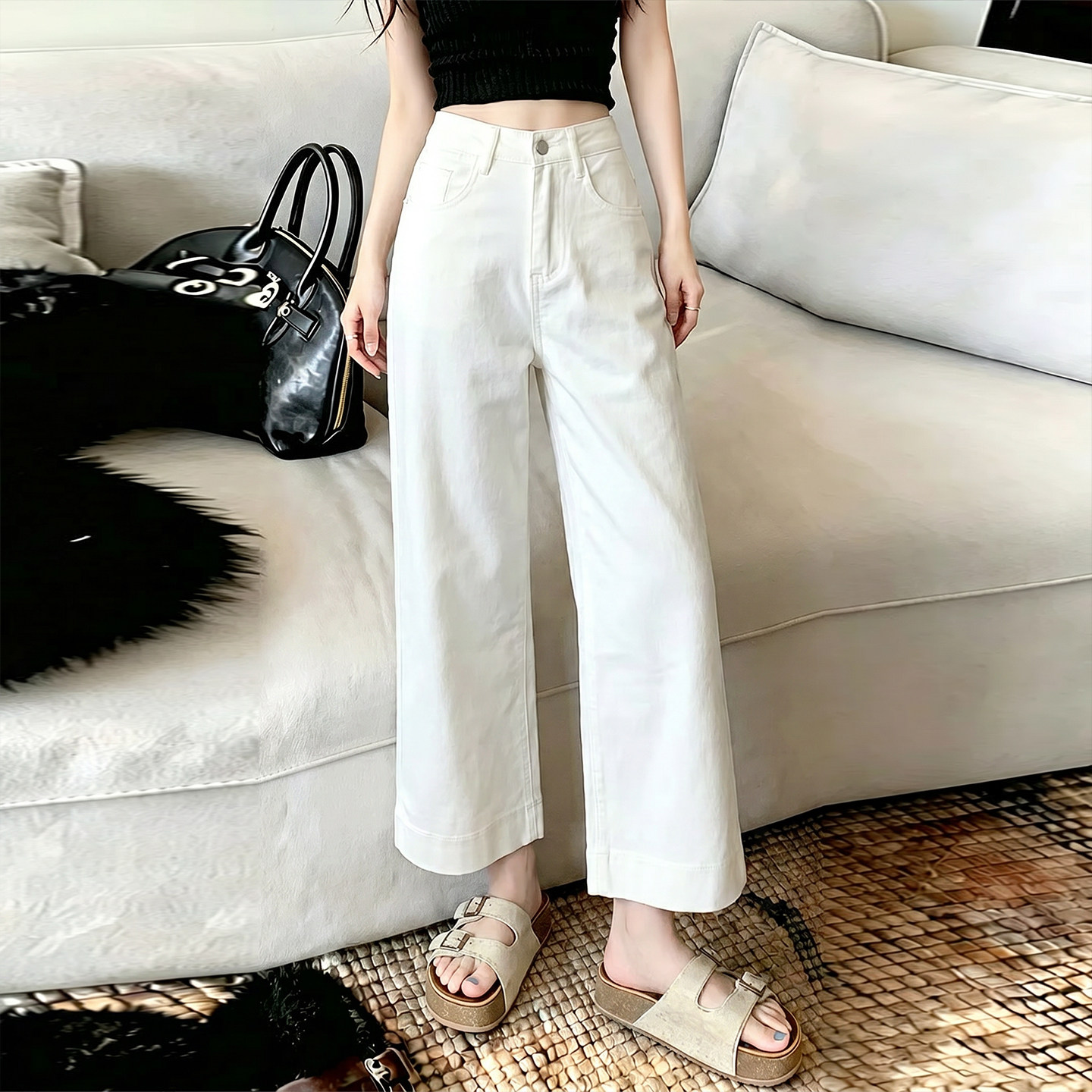 极简白色阔腿牛仔裤女2026初秋小个子弹力九分裤高腰显瘦直筒裤子